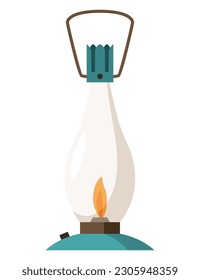 Vintage camping lantern or oil lamp. Handle gas lamps for tourist hiking. Flame glow camp fuel burn isolated on white background