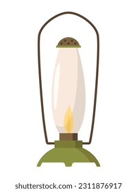 Vintage camping lantern or oil lamp. Handle gas lamps for tourist hiking. Flame glow camp fuel burn isolated on white background