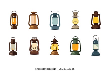 Vintage camping lantern set isolated on white background, kerosene lantern set, cartoon vector illustration, collection of retro gas lamp