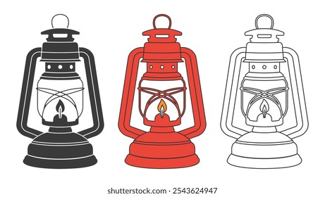 Vintage camping lantern silhouette icon symbol shape collection. Retro gas lamp logo sign grunge set. Storm lantern. Vector illustration. Isolated on white background.