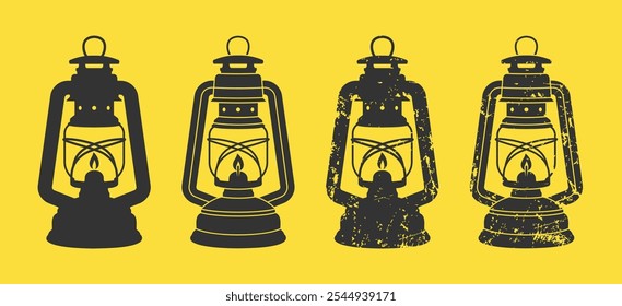 Vintage camping lantern silhouette icon symbol shape collection. Retro gas lamp logo sign grunge set. Storm lantern. Vector illustration. Isolated on white background.