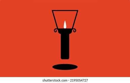 Vintage Camping Lantern Silhouette Isolated On White Background. Retro Gas Lamp With Glowing Fire Wick. Flat Tourist Oil Lantern Outline Vector Illustration. Old Lamp For Hiking.