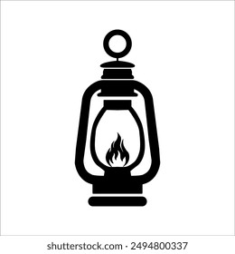 Vintage camping lantern silhouette isolated on white background. Retro gas lamp with burning wick. Flat tourist oil lantern outline vector illustration.