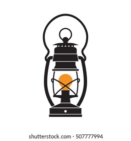 Vintage camping lantern silhouette isolated on white background. Retro gas lamp with glowing fire wick. Oil lantern outline vector illustration. Old lamp for hiking.