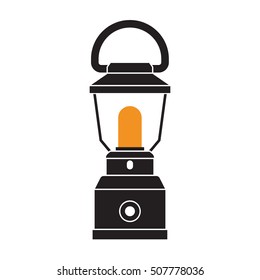 Vintage camping lantern silhouette isolated on white background. Modern lamp with glowing fire wick. Oil lantern outline vector illustration. Old lamp for hiking.