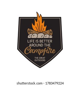 Vintage camping logo, adventure emblem illustration design. Outdoor label with campfire and quote text - Life is better around the campfire. Unusual linear hipster style sticker. Stock vector.