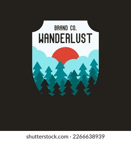 Vintage camping logo badge featuring wilderness-themed design including forest and sun. Stock vector wanderlust travel label.