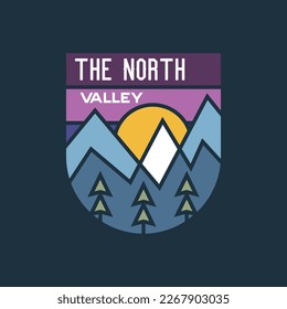 Vintage camping logo badge featuring wilderness-themed design including mountains and text-the north valley. Stock vector wanderlust travel label.