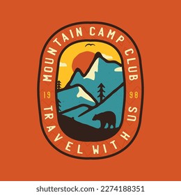 Vintage camping logo badge featuring wilderness-themed design including mountains landscape and bear. Stock vector travel label