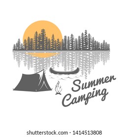 Vintage camping logo and emblem. Summer camp label. Outdoor badge with hand drawn text. Included tent, forest, canoe and lake. Stock vector illustration on white background. Summer art in retro design