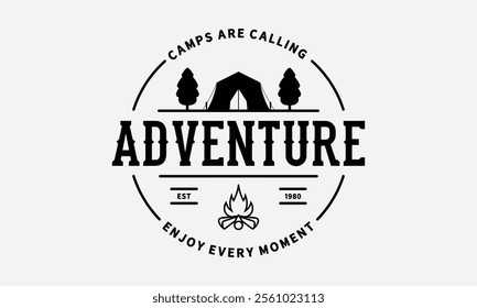 Vintage camping logo, evoking a sense of adventure and nostalgia, Ready To Print Camping Vector T Shirt Design Template, Wall Art, Mug, Sticker, Banner, Tee, Hoodie, Printable, Illustration