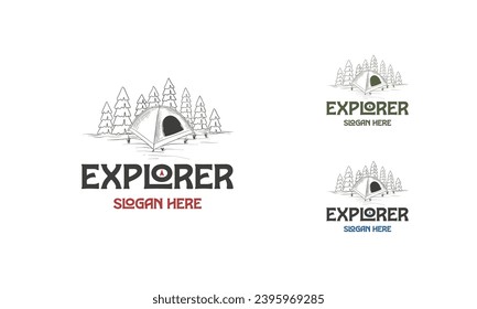 plantilla de logotipo de camping vintage, ilustración de campamento de aventura salvaje del Explorador de dibujos a mano.