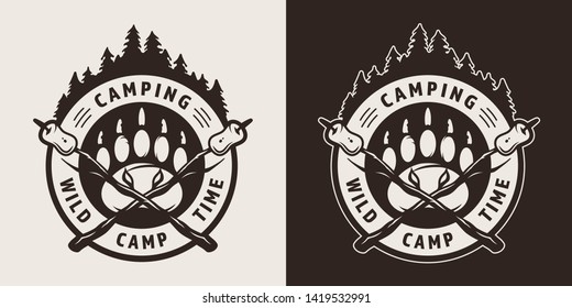 Vintage camping monochrome round badge with bear track marshmallows on crossed sticks isolated vector illustration