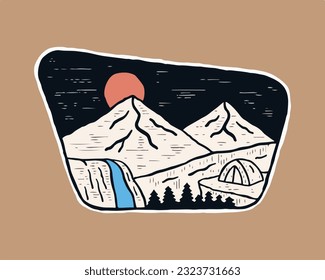 Vintage camping on the cliff of mountain vector patch sticker and t shirt illustration
