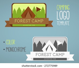 Vintage camping and outdoor activity logos. Designed in color and monochrome. Vector logo templates and badges with forest, trees, flag, ribbon, tent. National parks and nature exploration symbols.