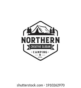 Vintage camping and outdoor adventure emblems, logos and badges. Camp tent in forest or mountains. Camping equipment. Vector.