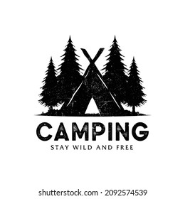 Vintage camping and outdoor adventure emblems, logos and badges. Camp tent in forest or mountains. Camping equipment. Vector.