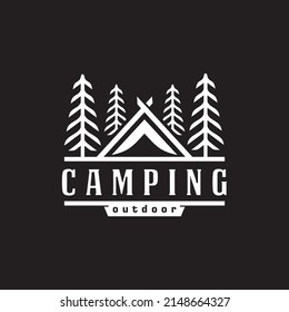 Vintage camping and outdoor adventure emblems, logos and badges. Camp tent in forest or mountains. Camping equipment. Vector.