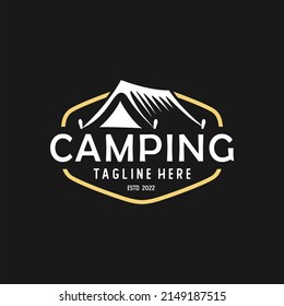 Vintage camping and outdoor adventure emblems, logos and badges. Camp tent in forest or mountains. Camping equipment. Vector.