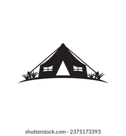 Vintage camping and outdoor adventure emblems, logos and badges. Camp tent in forest or mountains. Camping equipment. Vector.