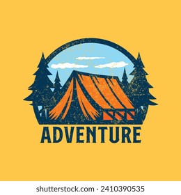 vintage camping and outdoor adventure emblems, logos and badges. Camp tent in forest or mountains. Camping equipment vector