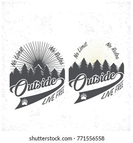 vintage camping and outdoor adventure emblems, logos and badges. Camp tent in forest or mountains. Camping equipment. 