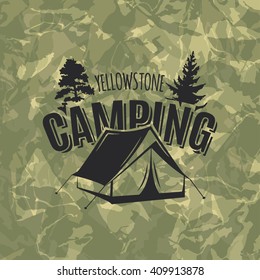 Vintage camping and outdoor adventure logo on camouflage green background. Tent in forest.