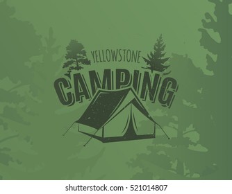 Vintage camping and outdoor adventure logo on grunge green background. Tent in forest.