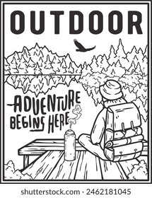 Vintage camping poster with motivational outdoor adventure saying, featuring tent, forest, mountain, lake, wildlife. Sticker for nature hiking, camp. T-shirt print.