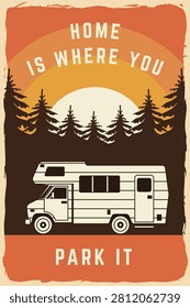 Vintage Camping Poster Vector, Camper Van Camping Poster, Retro RV Outdoor Travel Wall Art Vector Illustration