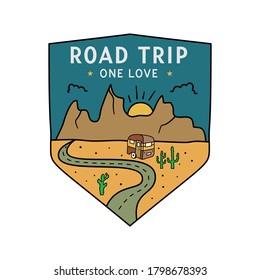 Vintage Camping RV Logo, Adventure Emblem Illustration Design. Outdoor Road Trip Label With Camper Trailer And Text - Road Trip One Love. Unusual Linear Hipster Style Sticker. Stock Vector.