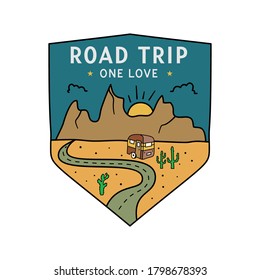 Vintage camping RV logo, adventure emblem illustration design. Outdoor road trip label with camper trailer and text - Road trip One love. Unusual linear hipster style sticker. Stock vector.