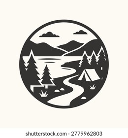 Vintage Camping Scene Circular Emblem with Mountains Lake and Trees