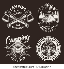 Vintage camping season badges with tent serious bear in safari hat campfire crossed axes and arrows on dark background isolated vector illustration