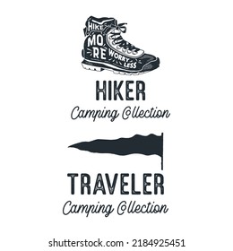 Vintage Camping Silhouette Badges with quotes Hiker Outdoor Collection. Travel Monochrome Emblems. Hiking Logo Designs Set. Stock vector graphics