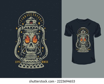 Vintage camping skull lantern shirt illustration