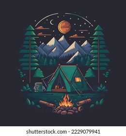 Vintage Camping Tent Illustration. Adventure wild life. Vintage design with mountains, forest silhouettes. For poster, banner, emblem, sign, logo.