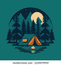 Vintage Camping Tent Illustration. Adventure wild life. Vintage design with mountains, forest silhouettes. For poster, banner, emblem, sign, logo.