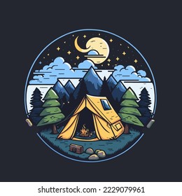 Vintage Camping Tent Illustration. Adventure wild life. Vintage design with mountains, forest silhouettes. For poster, banner, emblem, sign, logo.