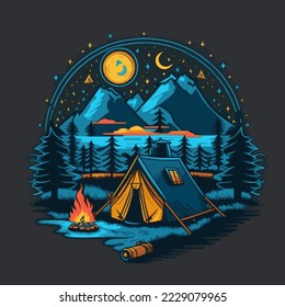 Vintage Camping Tent Illustration. Adventure wild life. Vintage design with mountains, forest silhouettes. For poster, banner, emblem, sign, logo.