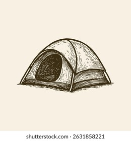 Vintage Camping Tenda Ilustração, Esboço desenhado à mão para projetos de viagem e aventura	