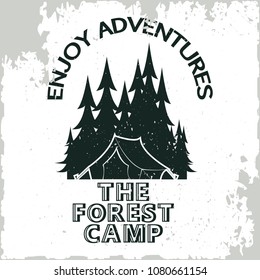 Vintage camping or tourism logo design, grange print stamp, creative typography emblem, Vector illustration.