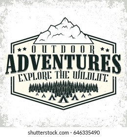 Vintage camping or tourism logo design,  grange print stamp, creative typography emblem, Vector