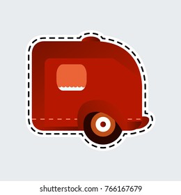Vintage camping trailer in patch style. Isolated vector illustration. Clip art for sticker or pin.