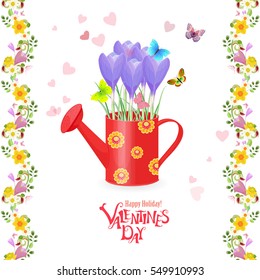 vintage can watering with bouquet of crocus and flying butterflies for your design. seamless floral borders. invitation card