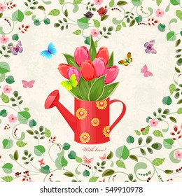vintage can watering with bouquet of tulips and flying butterflies in floral heart for your design. with love. invitation card