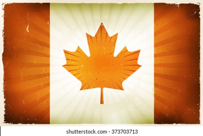 Vintage Canada Flag Poster Background/
Illustration of the canadian flag poster, with red maple leaf, retro and vintage design, grunge textures for canada day holidays