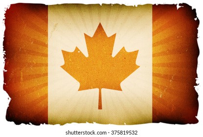 Vintage Canada Flag Poster Background/
Illustration of the canadian flag poster, with red maple leaf, retro and vintage design, grunge textures for canada day holidays