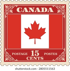 Vintage Canada Postage Stamp Vector Illustration - Canadian Flag 15 Cents Philately Design