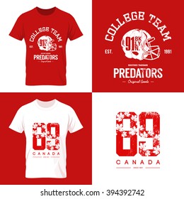 Vintage Canada red tee print vector design. American football collage team old grunge effect. Premium quality superior number logo concept. T-shirt wear mock up.